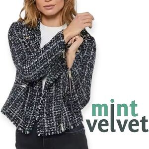Mint Velvet women’s black/navy/mauve/white tweed cropped jacket. Size 8 (US)